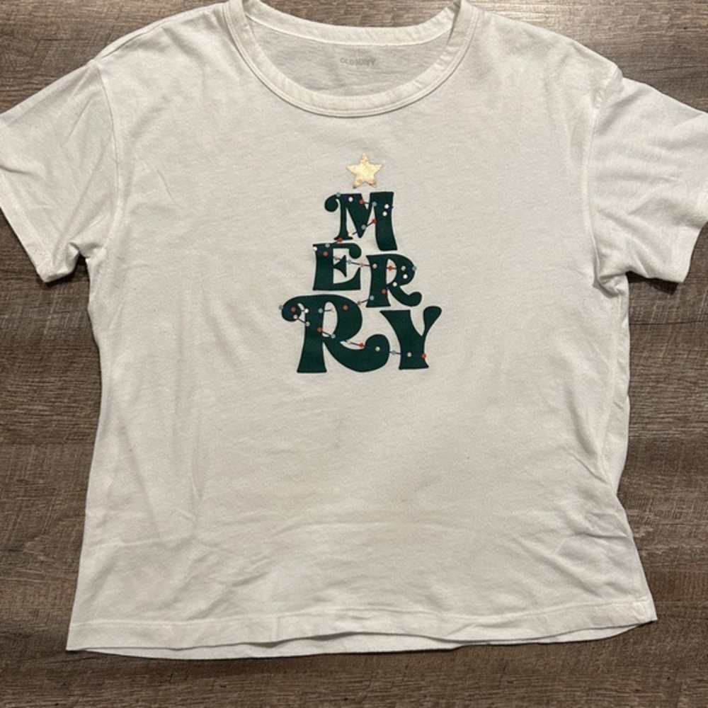 Old Navy Merry Christmas tree white graphic, short sleeve T-shirt size small